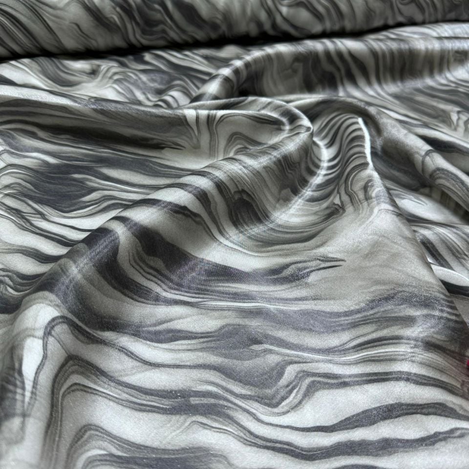 Floş Saten Kumaş Parlak Işıltılı Çift En Gri Zebra Desen