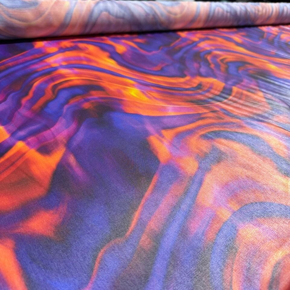 Floş Saten Kumaş Parlak Işıltılı Çift En Mor Turuncu Desenli