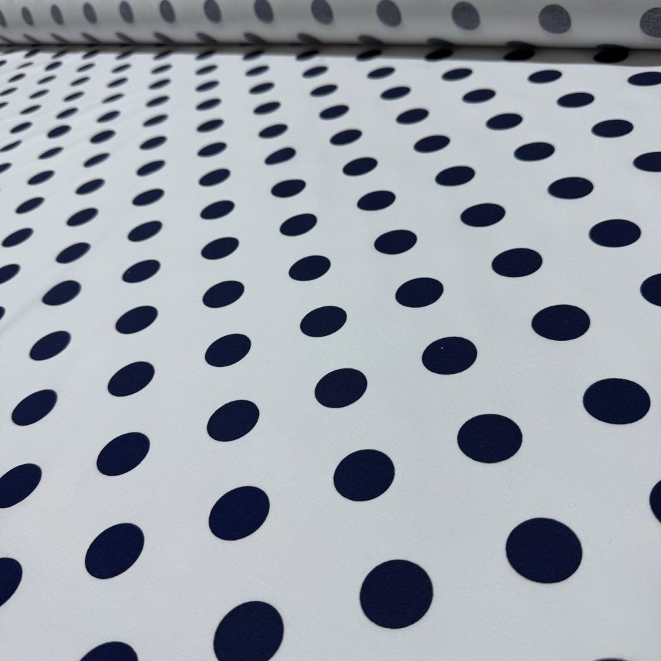 Poplin Kumaş Beyaz Zemin Lacivert Puantiyeli Puantiye Desenli Çift En