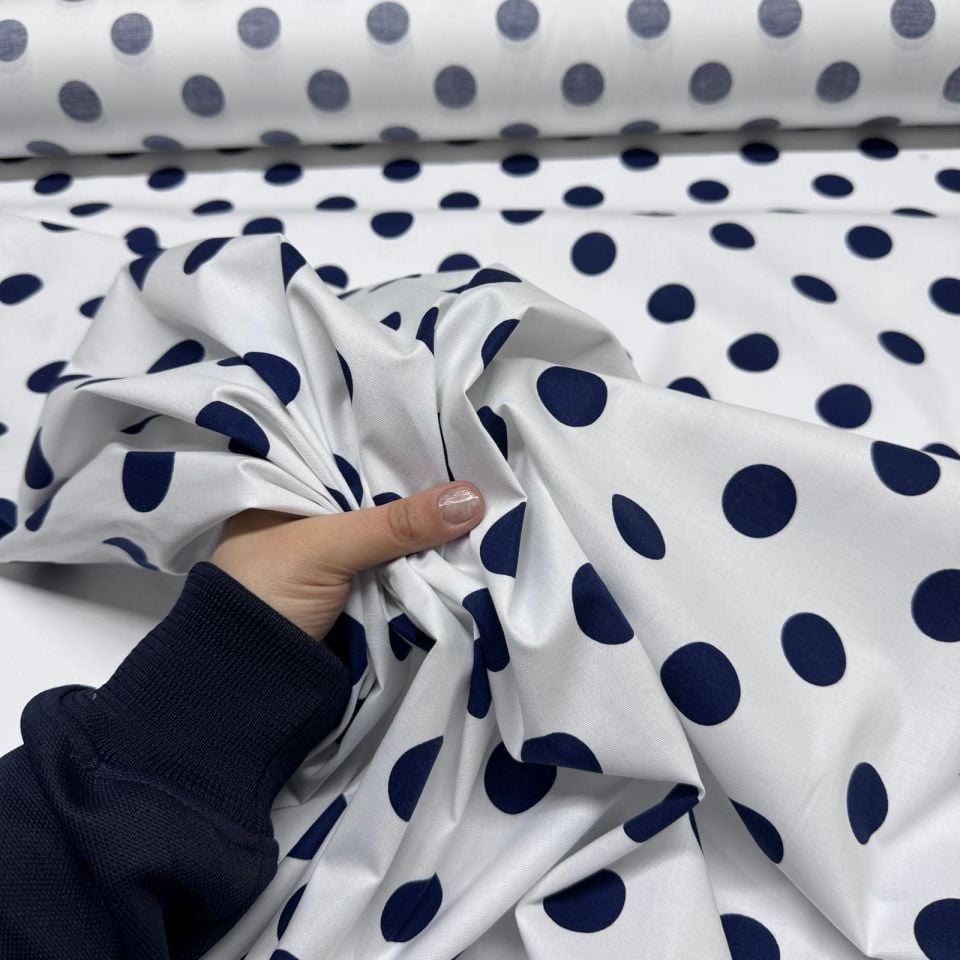 Poplin Kumaş Beyaz Zemin Lacivert Puantiyeli Puantiye Desenli Çift En