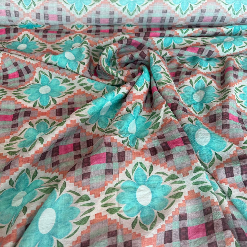 Mango Şifon Kumaş Renkli Çiçek Desenli Turkuaz Renk