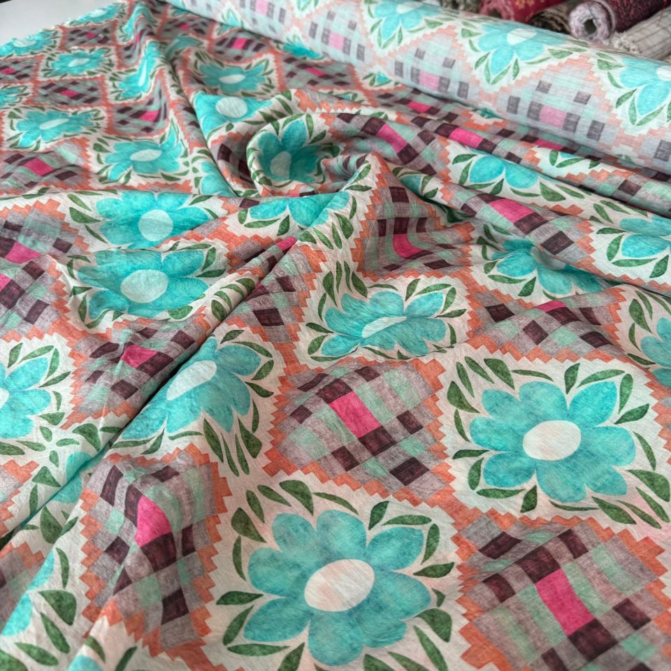 Mango Şifon Kumaş Renkli Çiçek Desenli Turkuaz Renk