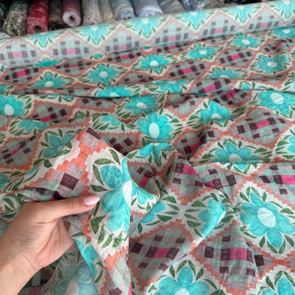 Mango Şifon Kumaş Renkli Çiçek Desenli Turkuaz Renk