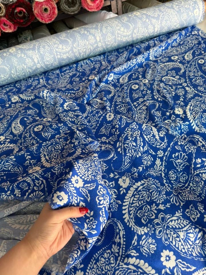 Krinkıl Kumaş Mavi/Lacivert Renk Etnik Desenli Çift En