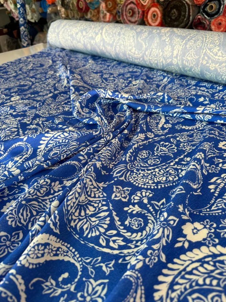 Krinkıl Kumaş Mavi/Lacivert Renk Etnik Desenli Çift En