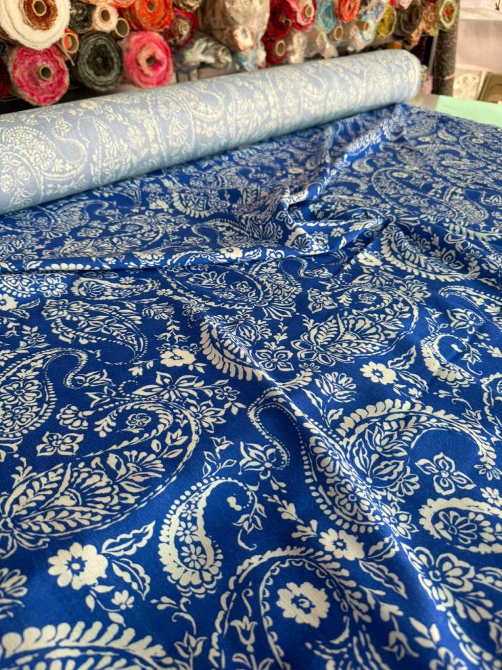 Krinkıl Kumaş Mavi/Lacivert Renk Etnik Desenli Çift En