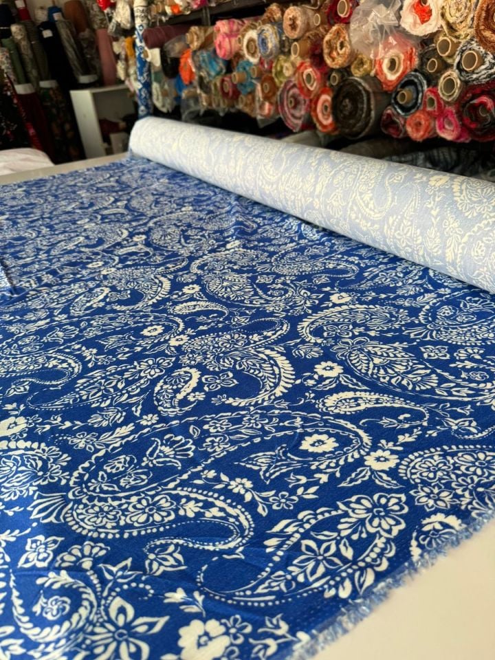 Krinkıl Kumaş Mavi/Lacivert Renk Etnik Desenli Çift En