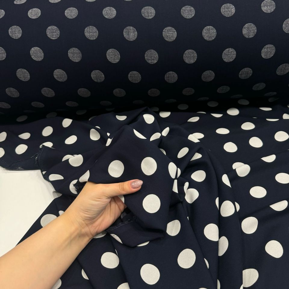 İthal Viskon Kumaş Puantiyeli Lacivert Beyaz %100 Pamuk