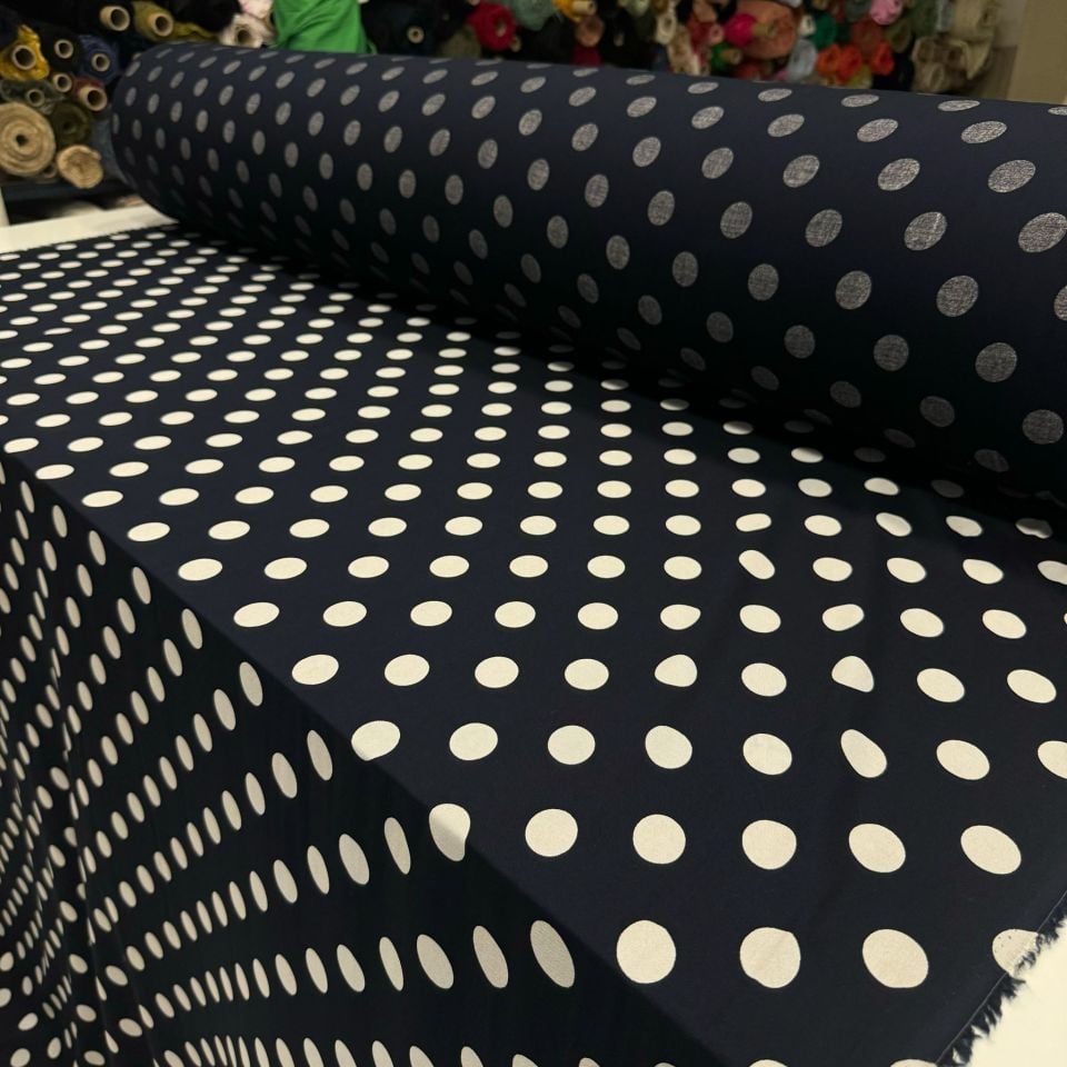 İthal Viskon Kumaş Puantiyeli Lacivert Beyaz %100 Pamuk