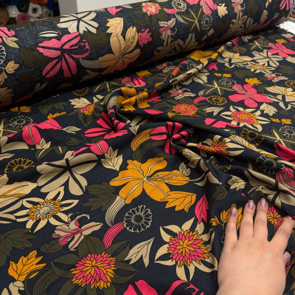 İthal Viskon Kumaş Renkli Çiçek Desenli Pembe Turuncu %100 Pamuk