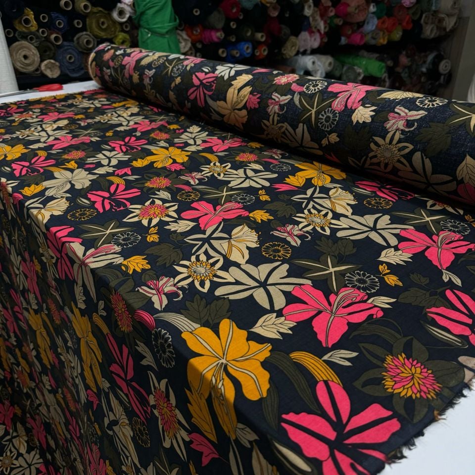 İthal Viskon Kumaş Renkli Çiçek Desenli Pembe Turuncu %100 Pamuk