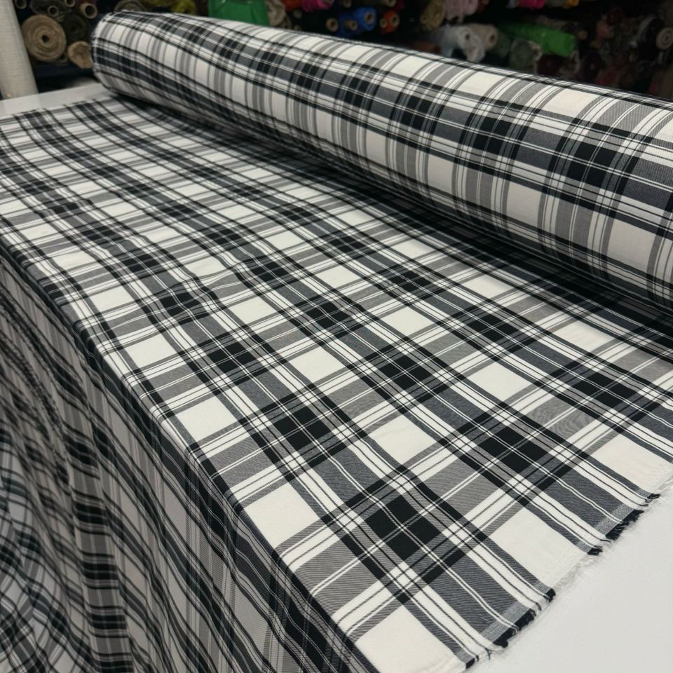 İthai Viskon Kumaş Ekose Desenli Çizgili Gri Antrasit %100 Pamuk