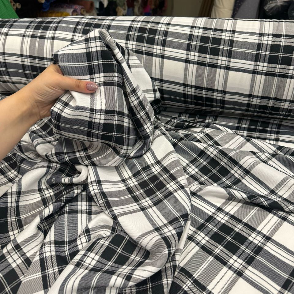 İthai Viskon Kumaş Ekose Desenli Çizgili Gri Antrasit %100 Pamuk