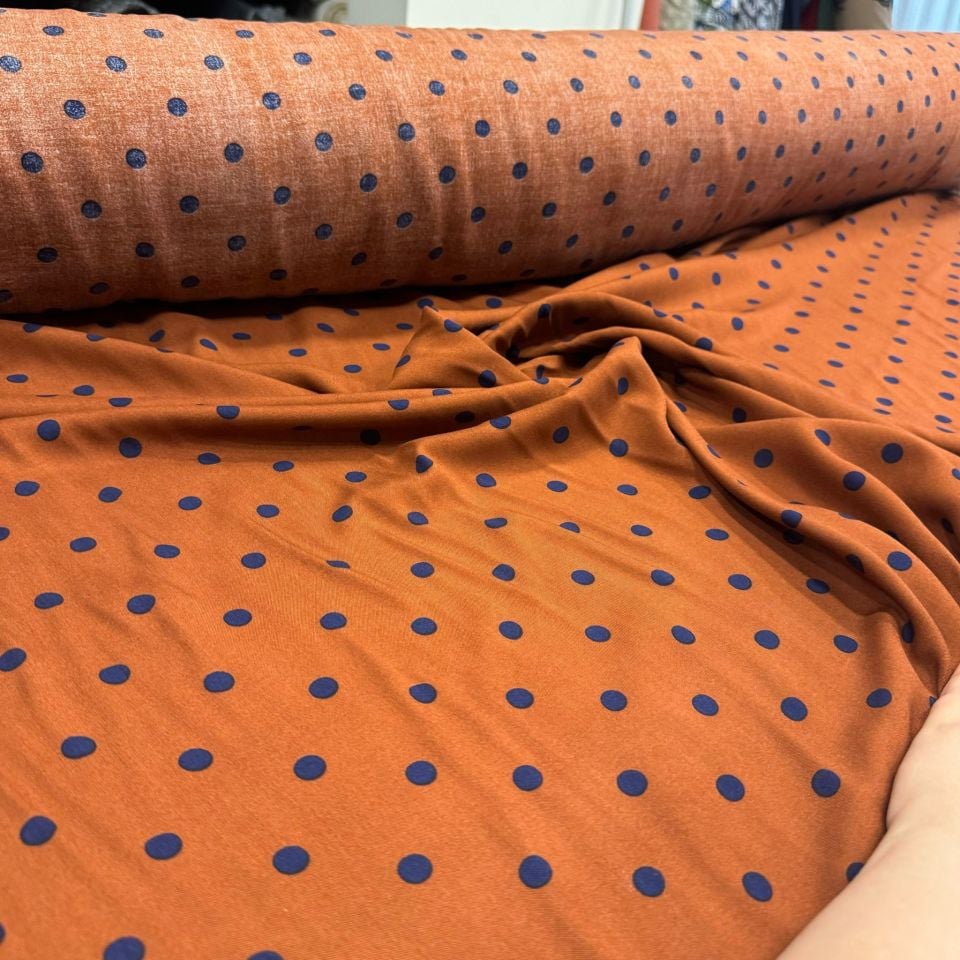 İthal Viskon Kumaş Puantiyeli Turuncu Lacivert %100 Pamuk