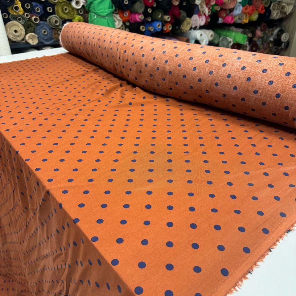 İthal Viskon Kumaş Puantiyeli Turuncu Lacivert %100 Pamuk
