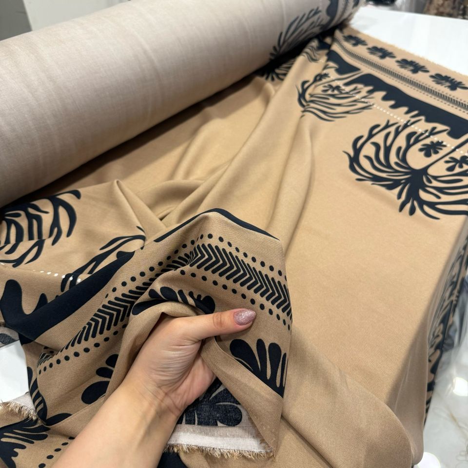 İthal Viskon Kumaş Eteği Sulu Desenli Bej/Taba Renk %100 Pamuk