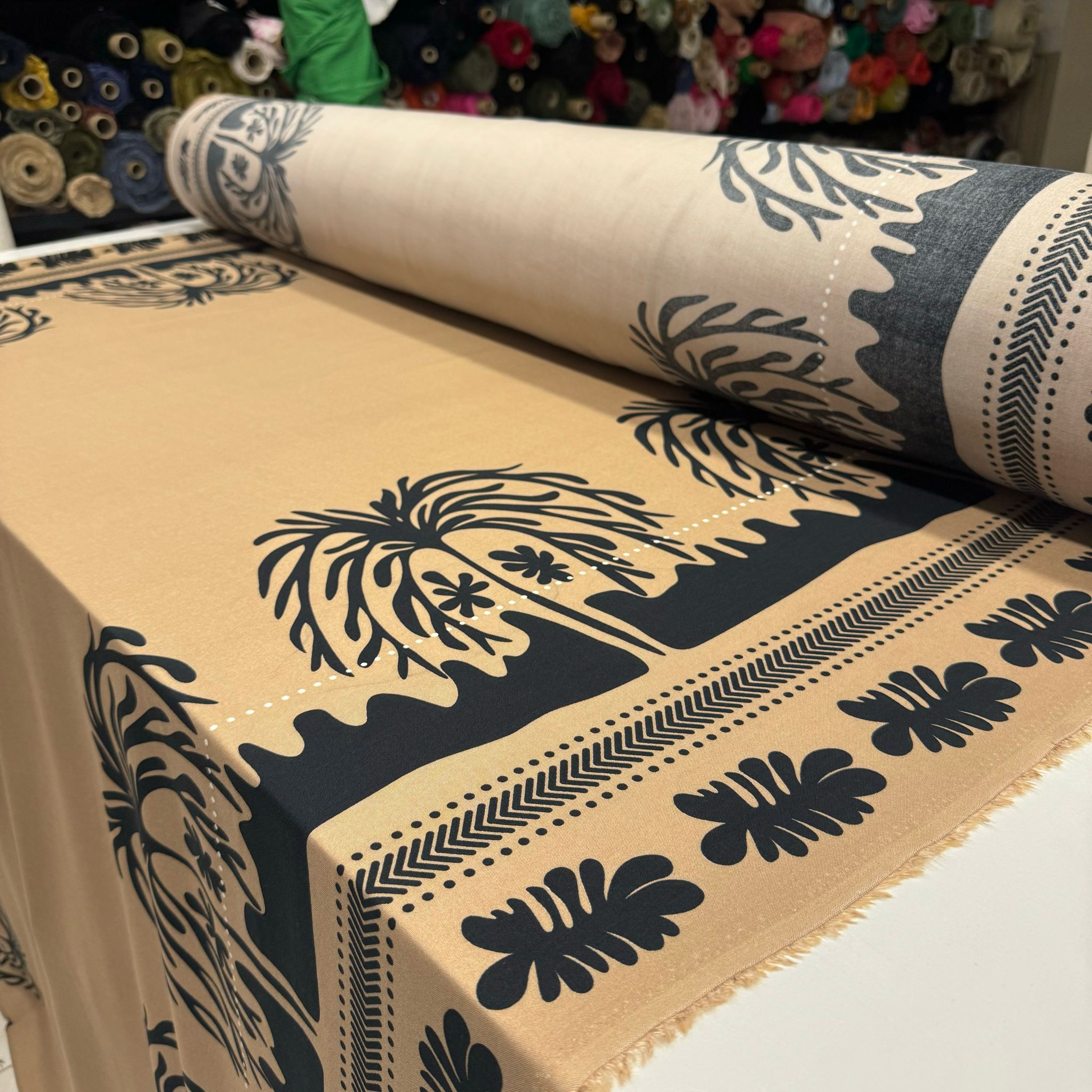 İthal Viskon Kumaş Eteği Sulu Desenli Bej/Taba Renk %100 Pamuk