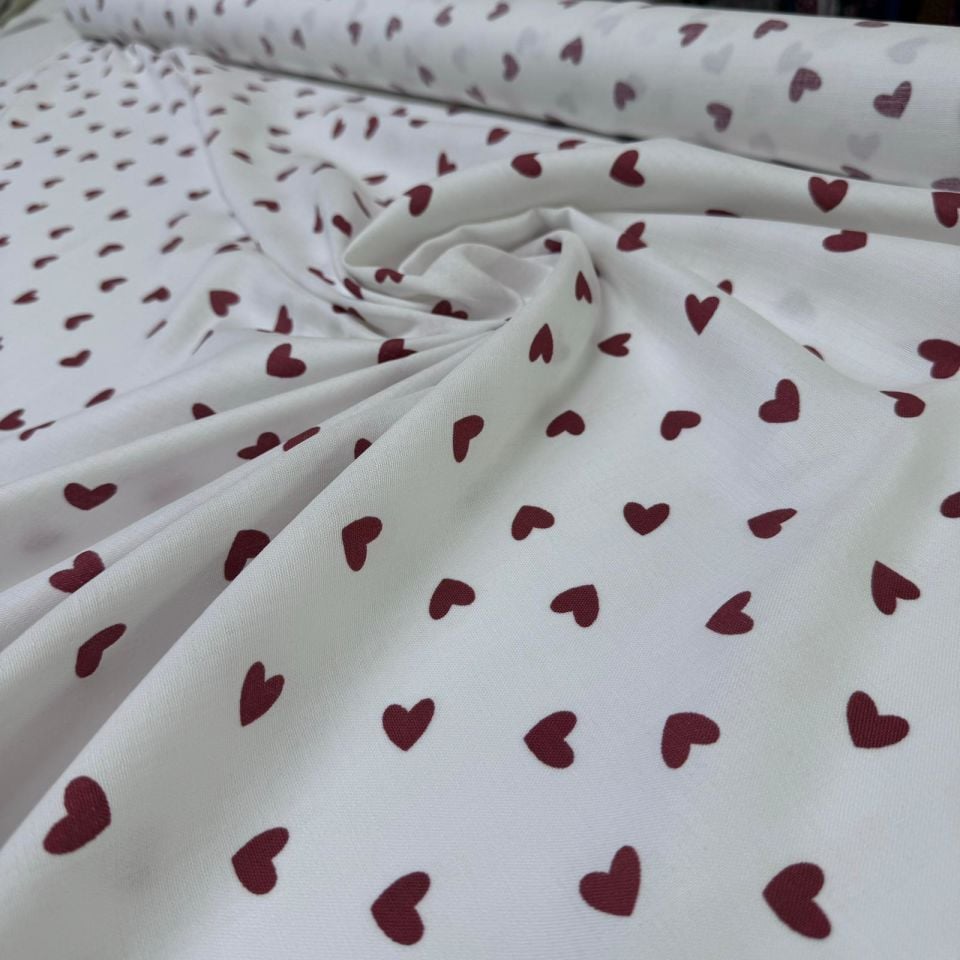 Organik Çift Kat Müslin Kumaş Bordo Kalpler %100 Pamuk