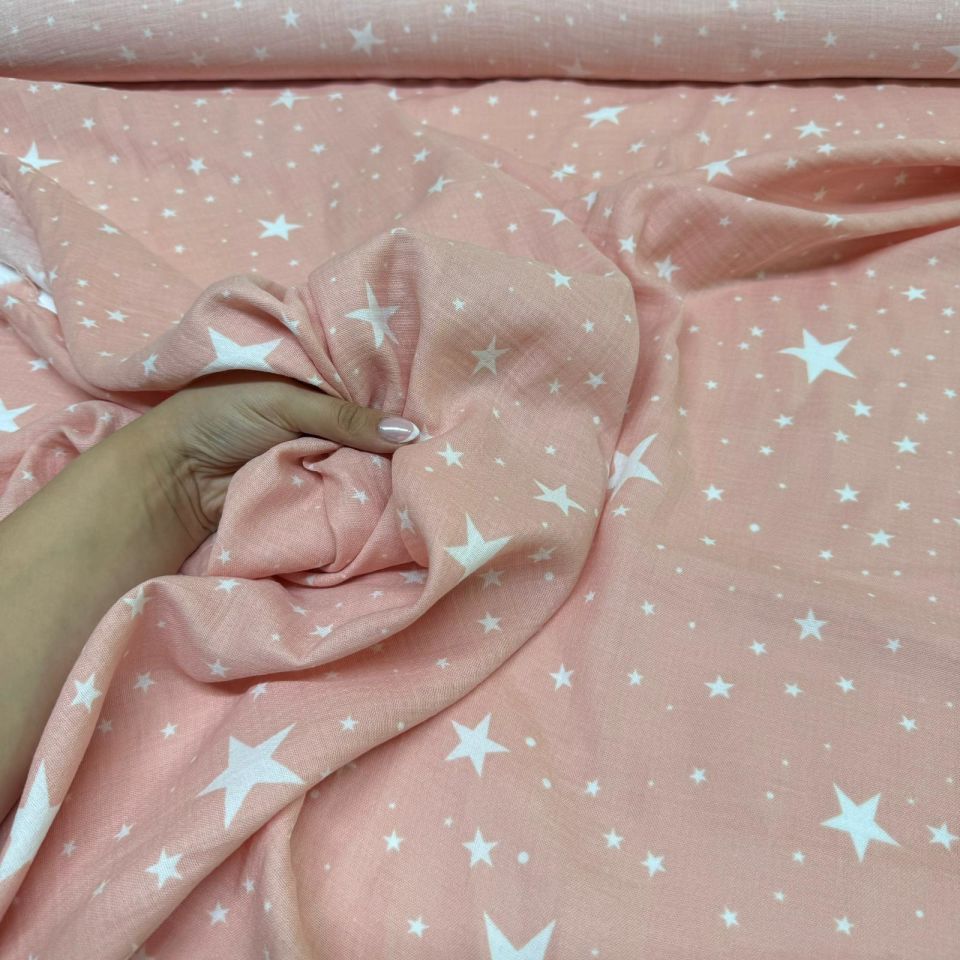 Organik Çift Kat Müslin Kumaş Yıldız Desenli Gülkurusu %100 Pamuk
