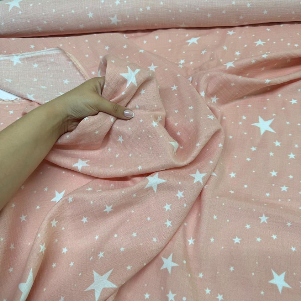 Organik Çift Kat Müslin Kumaş Yıldız Desenli Gülkurusu %100 Pamuk