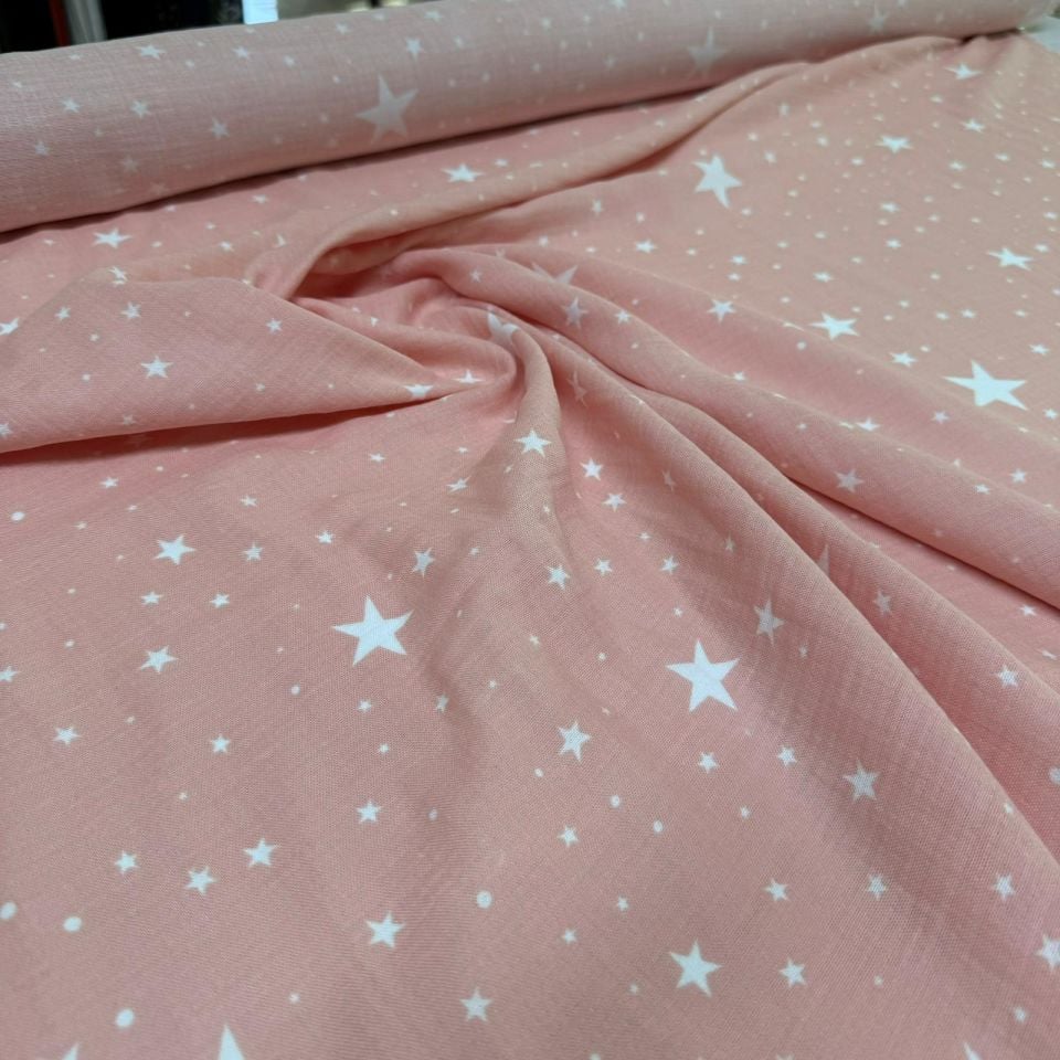 Organik Çift Kat Müslin Kumaş Yıldız Desenli Gülkurusu %100 Pamuk