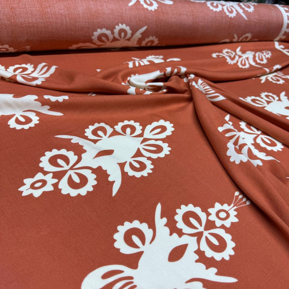 İthal Viskon Kumaş Su Yolu Etnik Desen %100 Pamuk Çift En Kiremit Renk