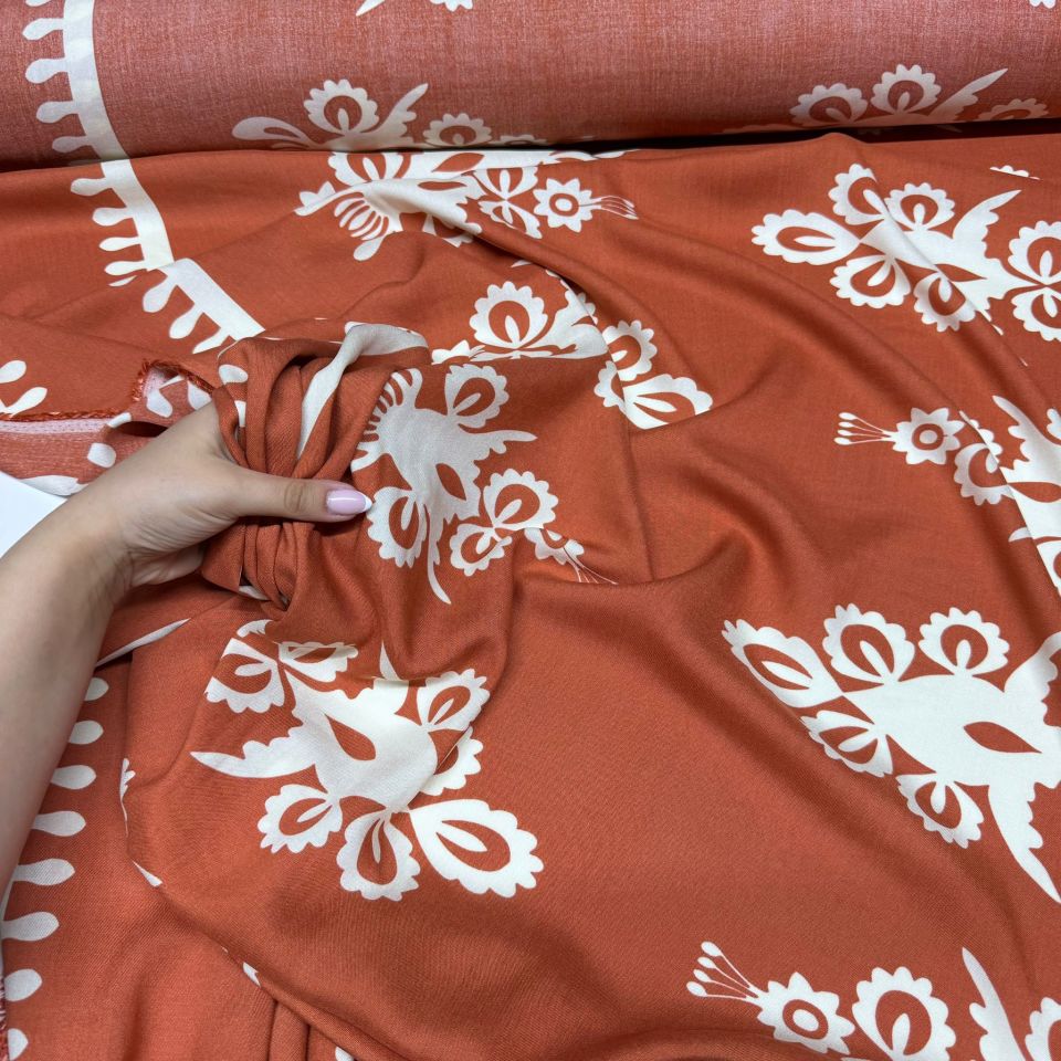 İthal Viskon Kumaş Su Yolu Etnik Desen %100 Pamuk Çift En Kiremit Renk