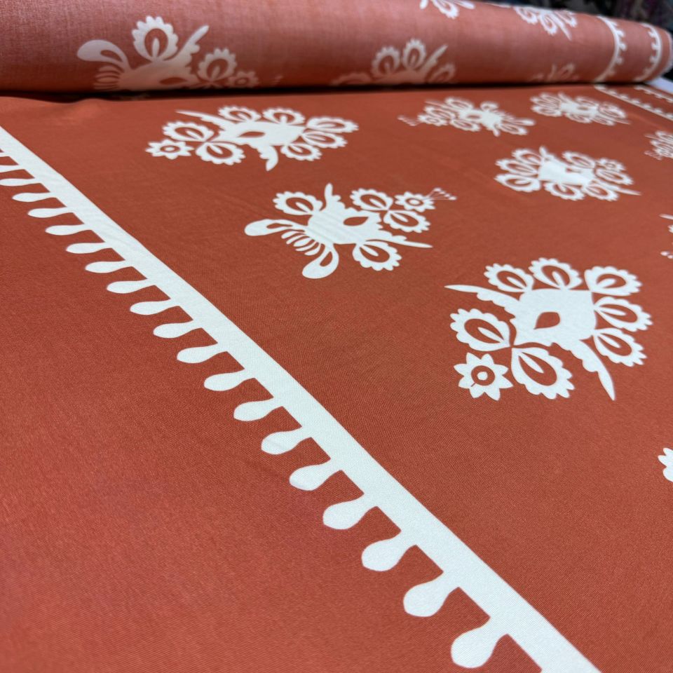 İthal Viskon Kumaş Su Yolu Etnik Desen %100 Pamuk Çift En Kiremit Renk