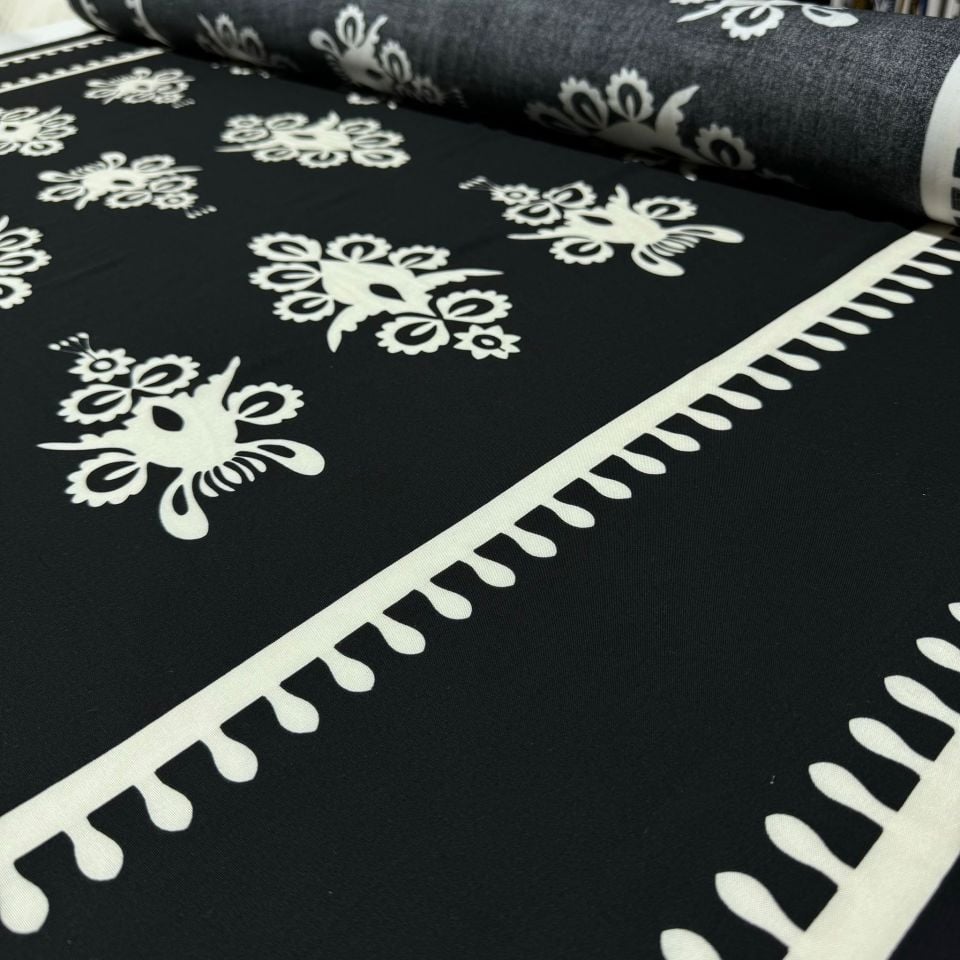 İthal Viskon Kumaş Su Yolu Etnik Desen %100 Pamuk Çift En Siyah Renk
