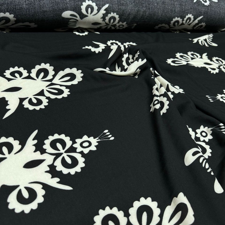 İthal Viskon Kumaş Su Yolu Etnik Desen %100 Pamuk Çift En Siyah Renk