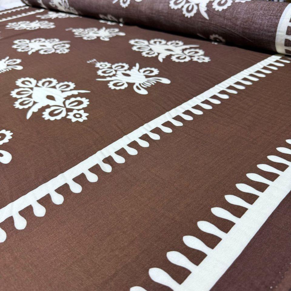 İthal Viskon Kumaş Su Yolu Etnik Desen %100 Pamuk Çift En Kahverengi Renk