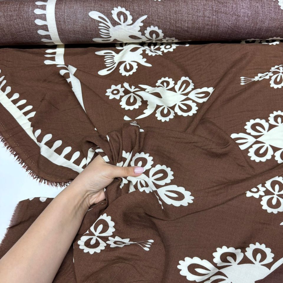 İthal Viskon Kumaş Su Yolu Etnik Desen %100 Pamuk Çift En Kahverengi Renk