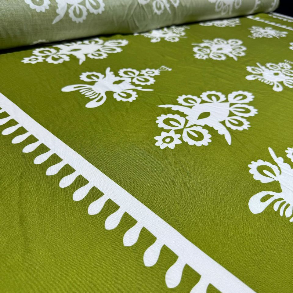 İthal Viskon Kumaş Su Yolu Etnik Desen %100 Pamuk Çift En Yağ Yeşili Renk