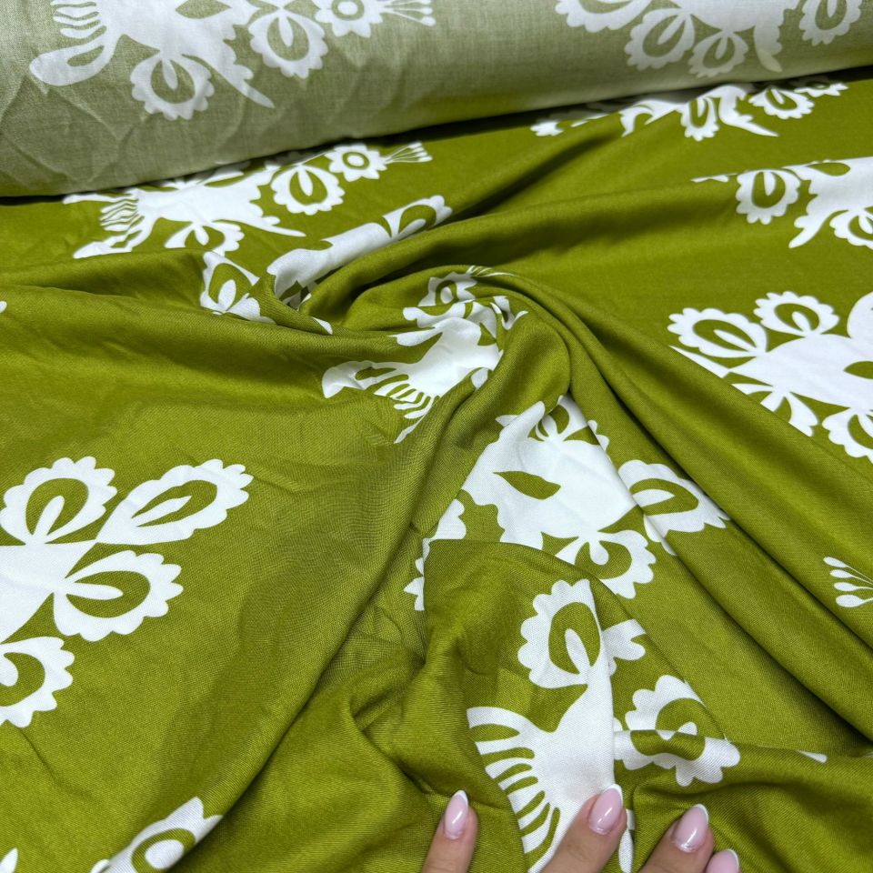 İthal Viskon Kumaş Su Yolu Etnik Desen %100 Pamuk Çift En Yağ Yeşili Renk