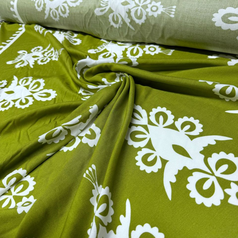 İthal Viskon Kumaş Su Yolu Etnik Desen %100 Pamuk Çift En Yağ Yeşili Renk