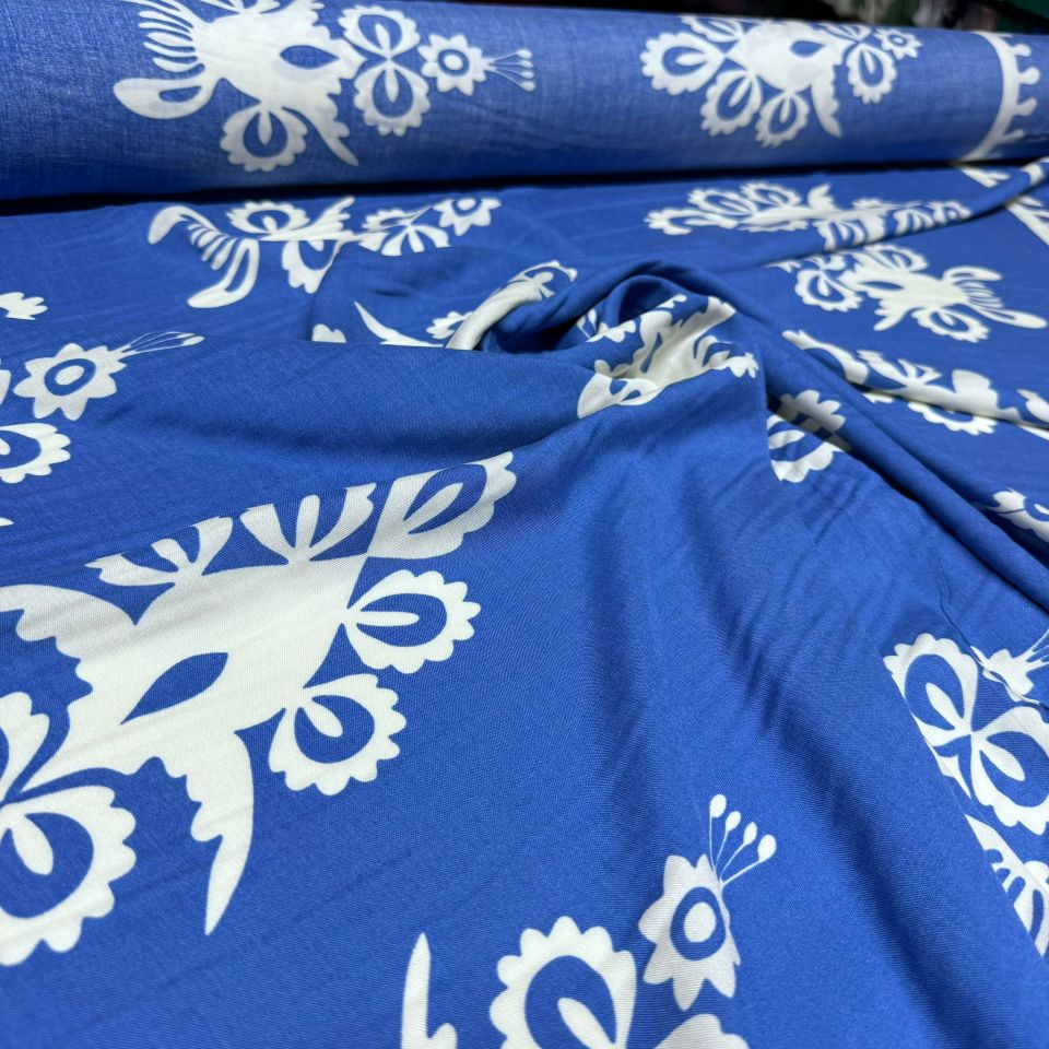 İthal Viskon Kumaş Su Yolu Etnik Desen %100 Pamuk Çift En Mavi Renk