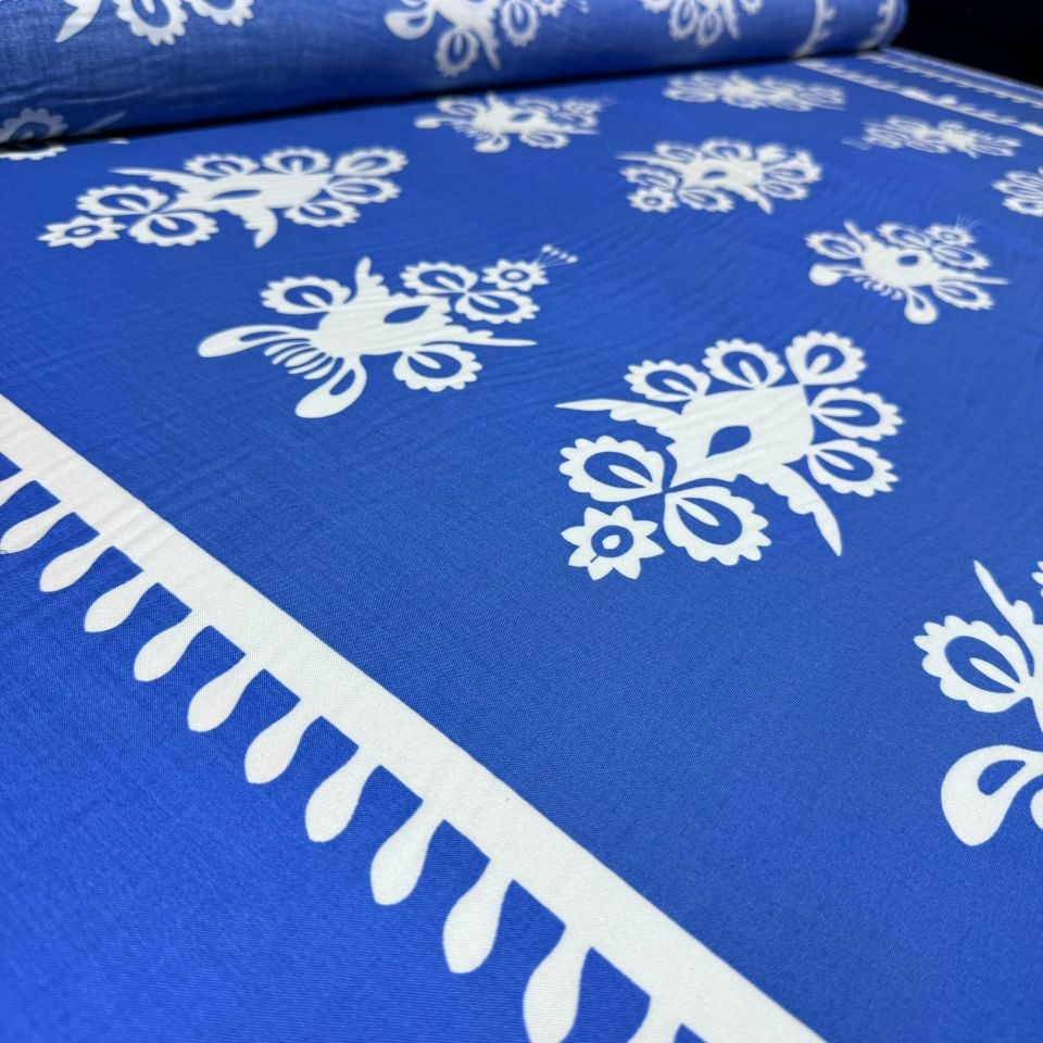 İthal Viskon Kumaş Su Yolu Etnik Desen %100 Pamuk Çift En Mavi Renk