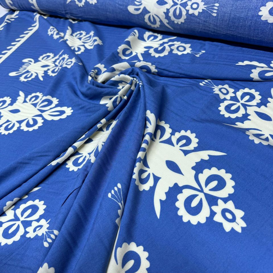 İthal Viskon Kumaş Su Yolu Etnik Desen %100 Pamuk Çift En Mavi Renk