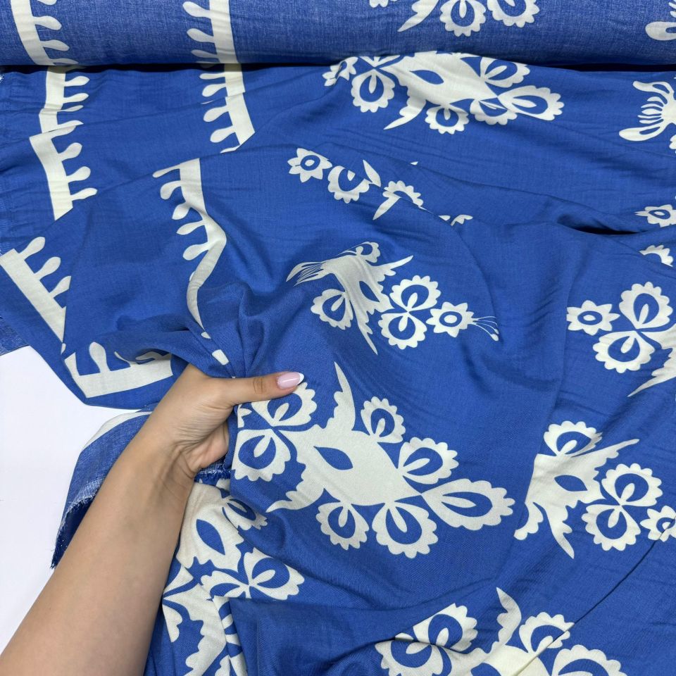 İthal Viskon Kumaş Su Yolu Etnik Desen %100 Pamuk Çift En Mavi Renk