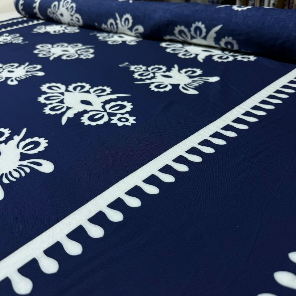İthal Viskon Kumaş Su Yolu Etnik Desen %100 Pamuk Çift En Lacivert Renk