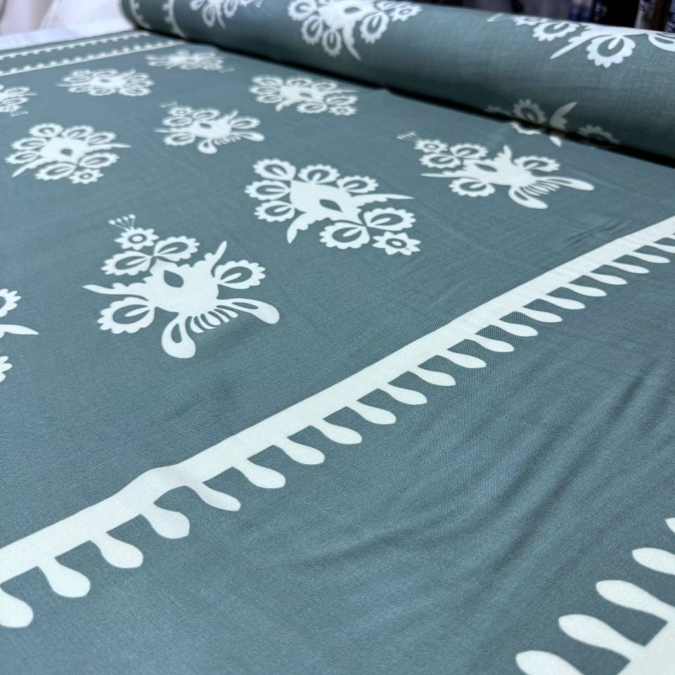 İthal Viskon Kumaş Su Yolu Etnik Desen %100 Pamuk Çift En Su Yeşili Renk