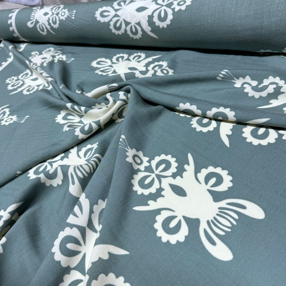 İthal Viskon Kumaş Su Yolu Etnik Desen %100 Pamuk Çift En Su Yeşili Renk