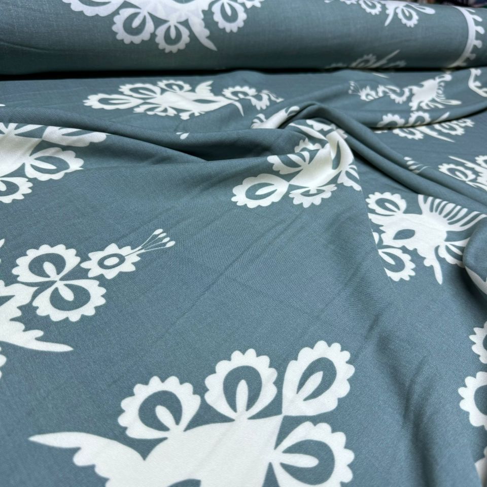 İthal Viskon Kumaş Su Yolu Etnik Desen %100 Pamuk Çift En Su Yeşili Renk