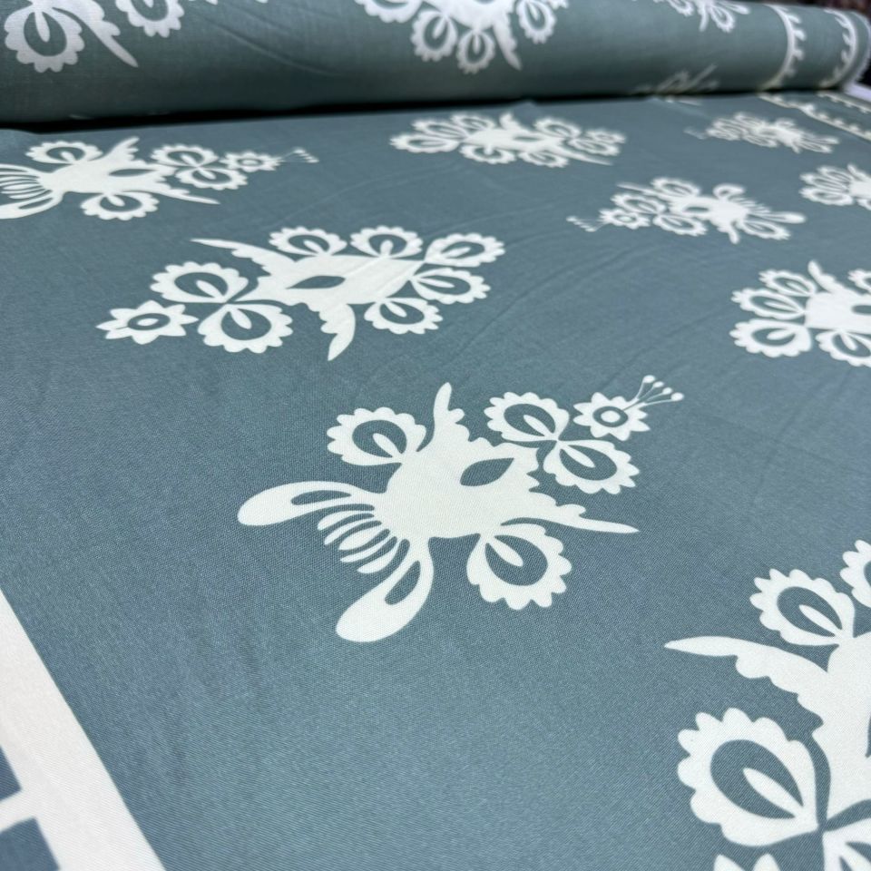 İthal Viskon Kumaş Su Yolu Etnik Desen %100 Pamuk Çift En Su Yeşili Renk