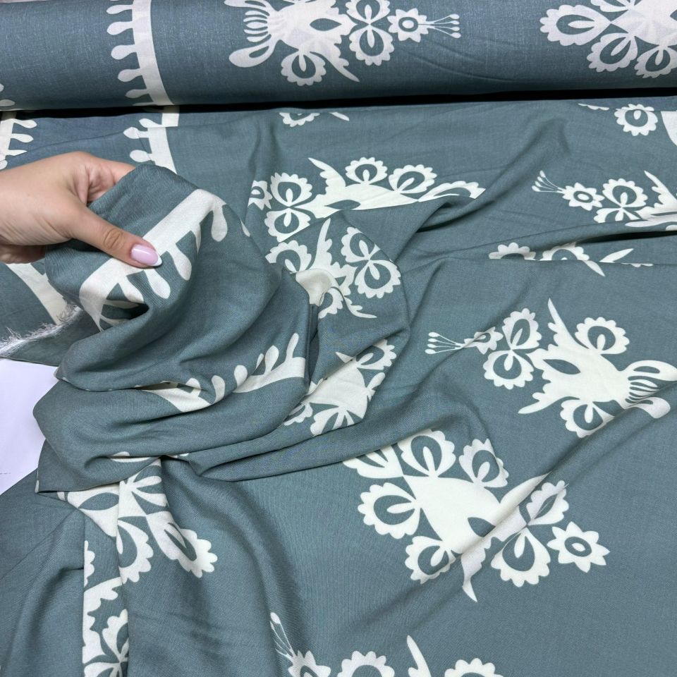 İthal Viskon Kumaş Su Yolu Etnik Desen %100 Pamuk Çift En Su Yeşili Renk