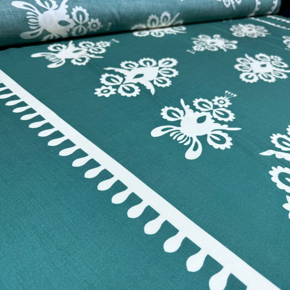 İthal Viskon Kumaş Su Yolu Etnik Desen %100 Pamuk Çift En Petrol Yeşili Renk