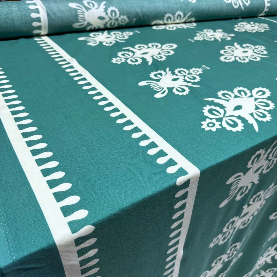 İthal Viskon Kumaş Su Yolu Etnik Desen %100 Pamuk Çift En Petrol Yeşili Renk