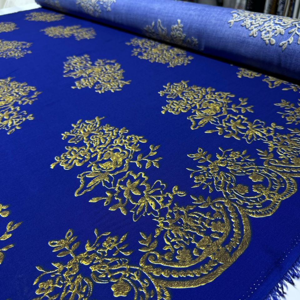 İthal Viskon Kumaş Damask Desen Motifli %100 Pamuk Çift En Lacivert Renk