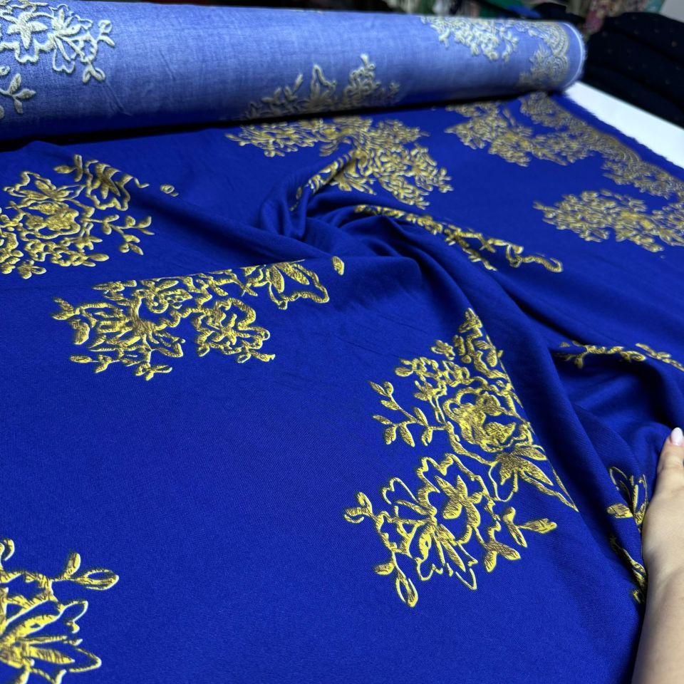 İthal Viskon Kumaş Damask Desen Motifli %100 Pamuk Çift En Lacivert Renk