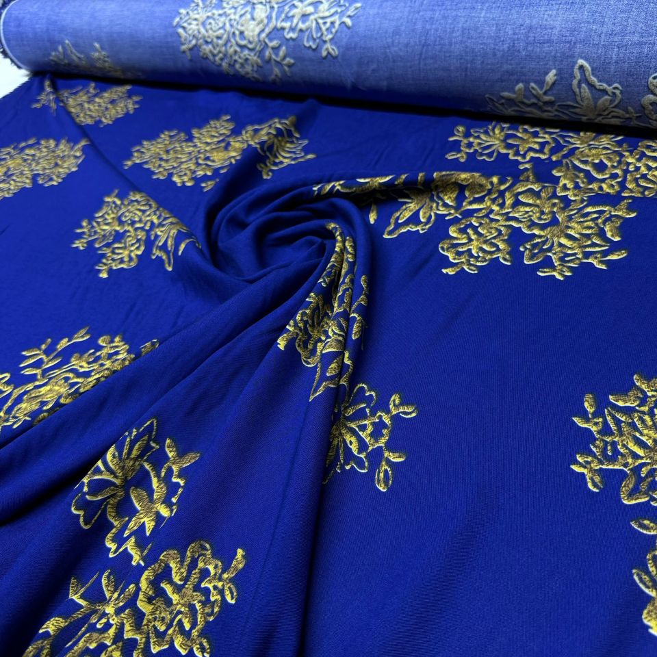 İthal Viskon Kumaş Damask Desen Motifli %100 Pamuk Çift En Lacivert Renk